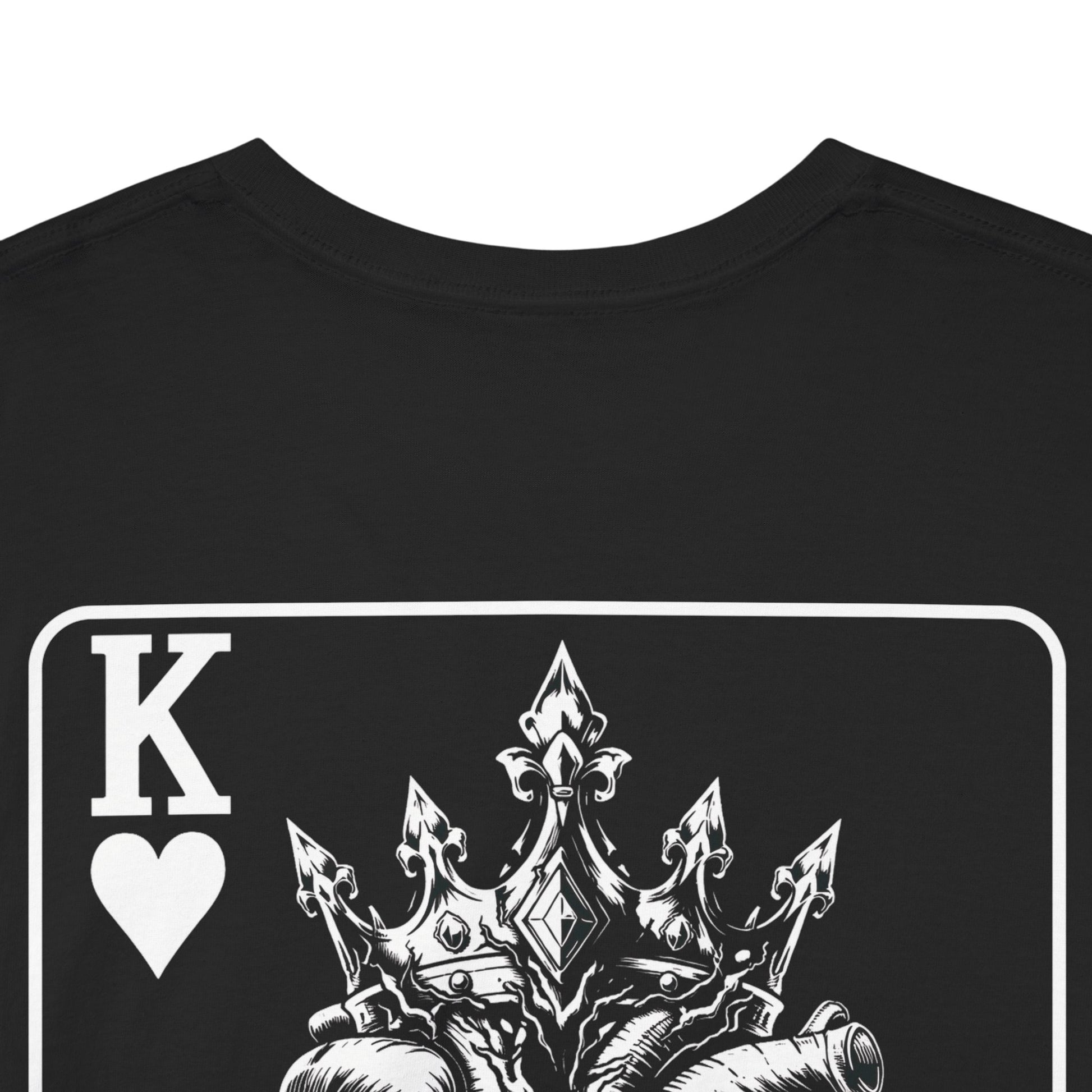 Black t-shirt back view with King of Hearts playing card design featuring ornate crown illustration on white background