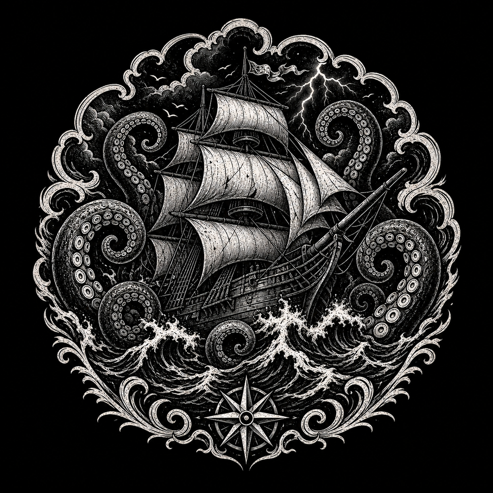 Kraken mythology design with ship, storm water and tentacles.