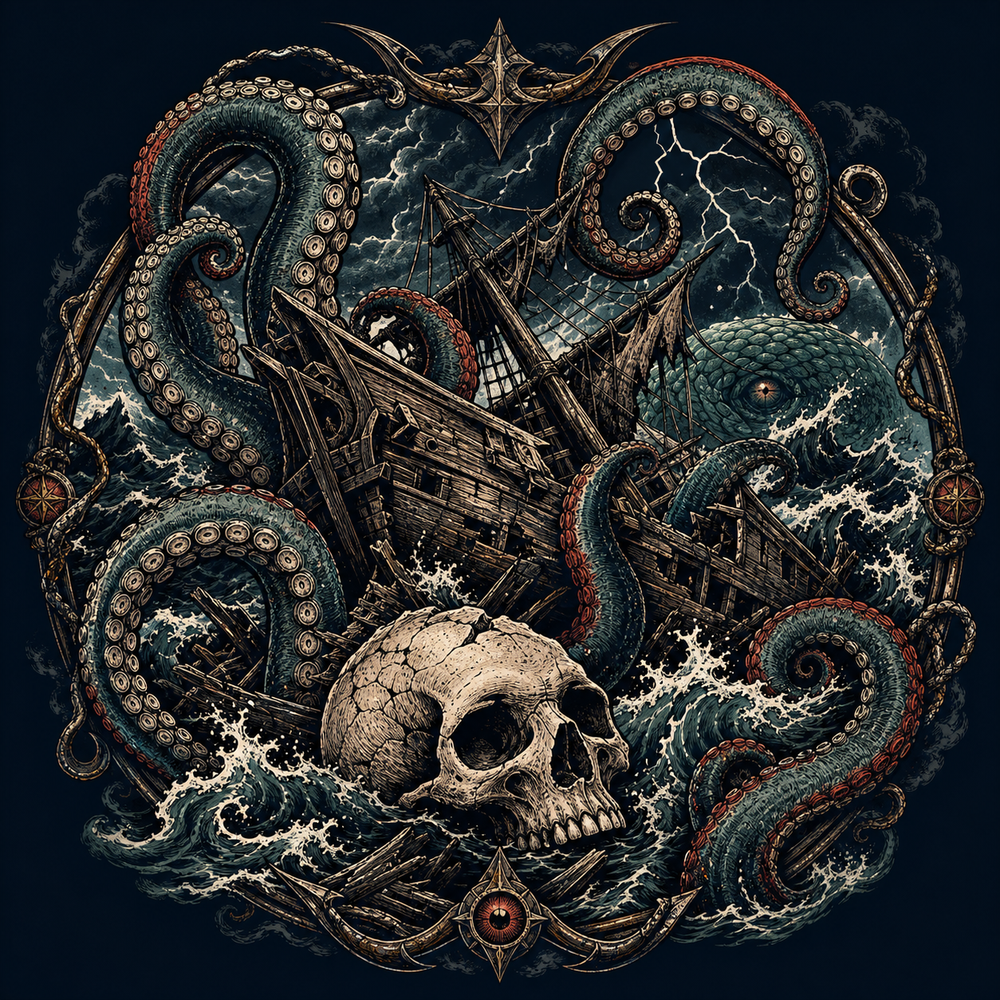 Kraken sea monster design with tentacles, shipwreck, skull and storm waves.