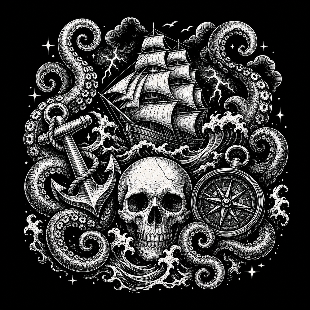 Kraken paired with ship, anchor, skull and storm symbols.
