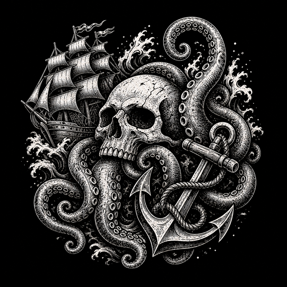 Kraken tattoo design with skull, ship and curling tentacles.