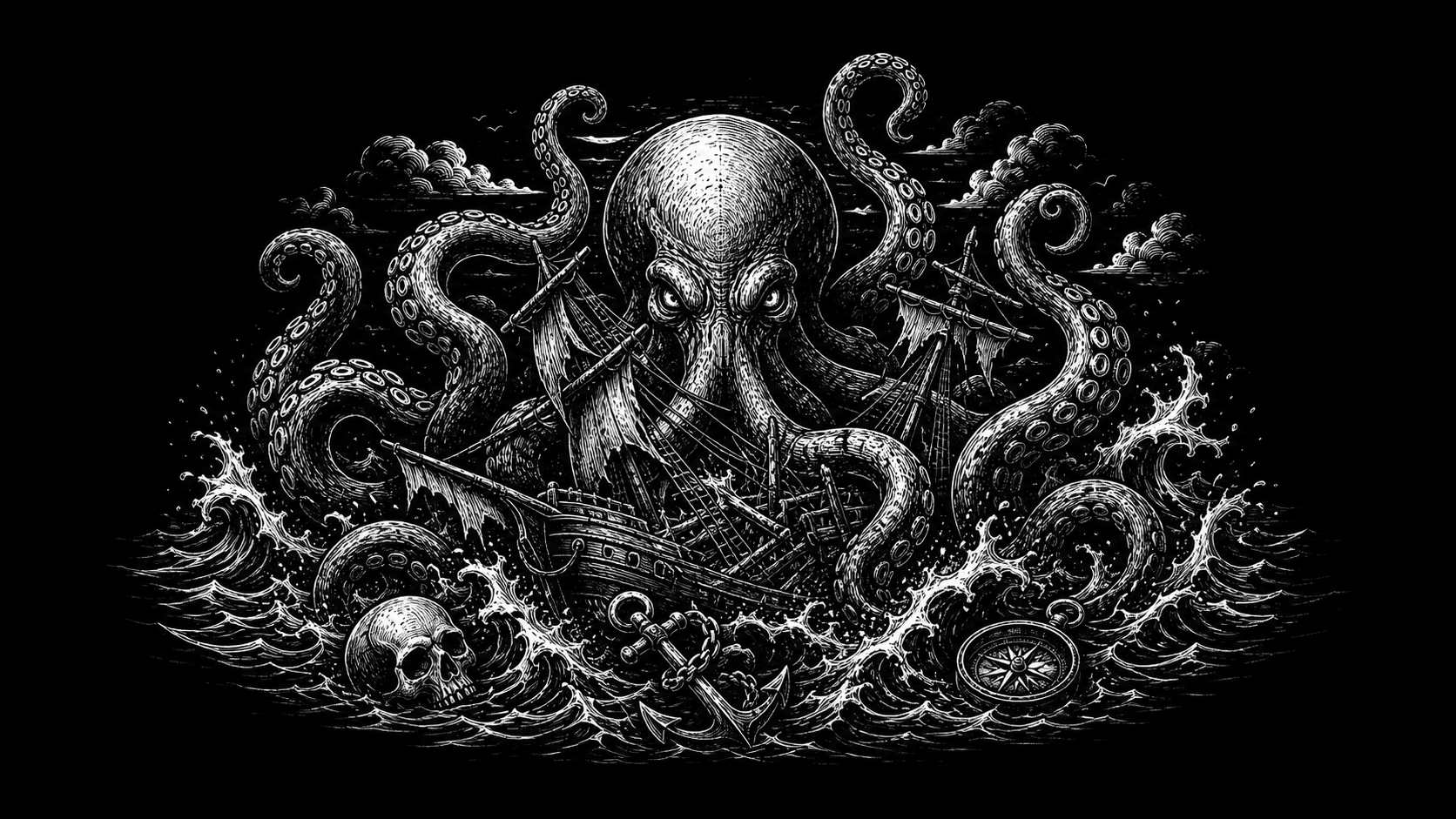 Kraken tattoo banner with tentacles, ship and deep-ocean symbols.
