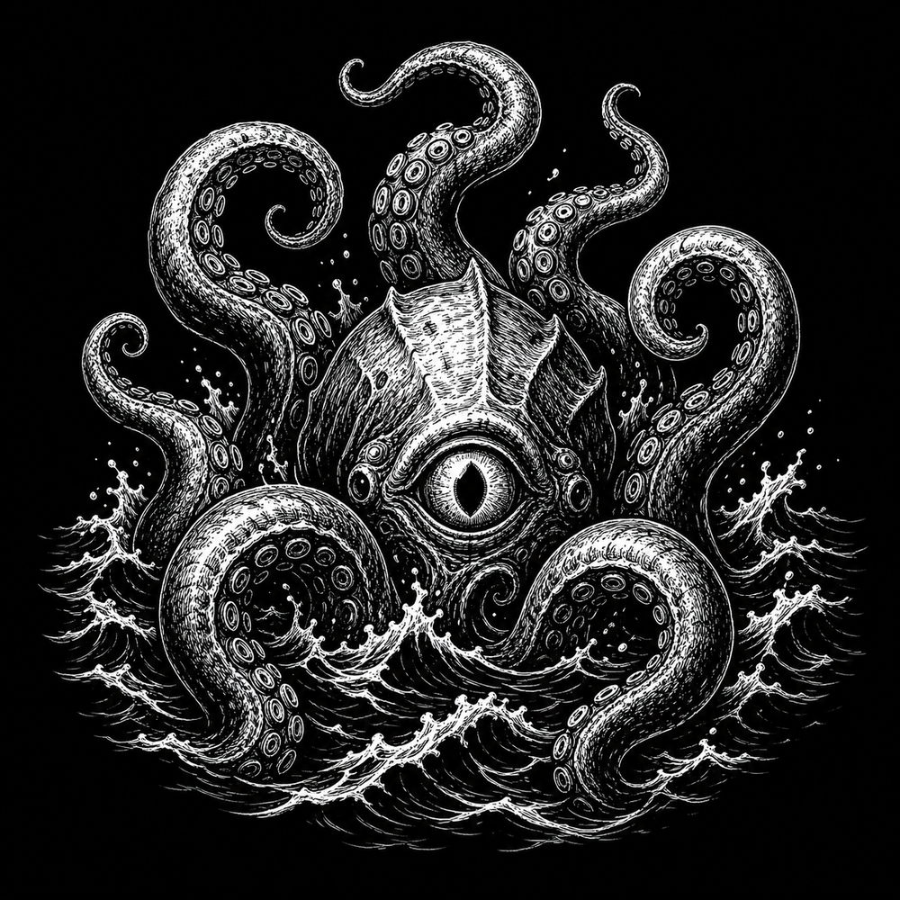 Kraken tattoo with tentacles rising from dark water.