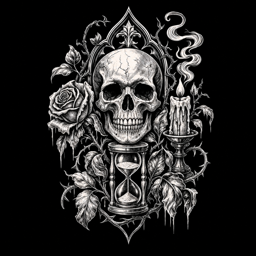 Memento mori gothic fashion symbols with skull, candle and rose on black fabric.