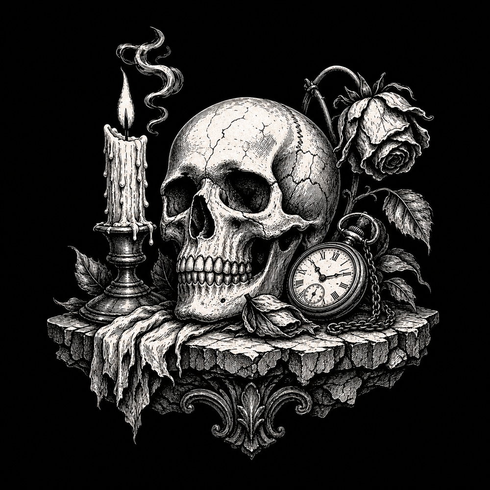 Vanitas style skull, rose, candle and clock for memento mori history.