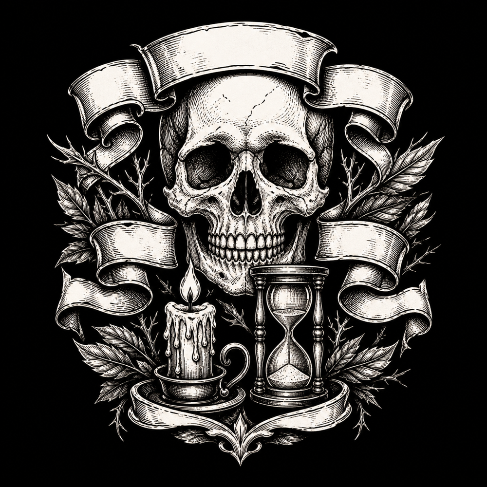 Skull with candle and hourglass for memento mori meaning.