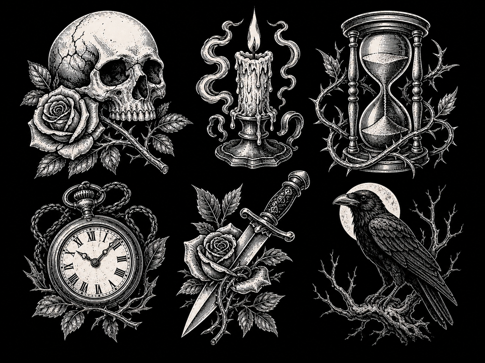 Memento mori tattoo design ideas with skull, hourglass, rose and candle.