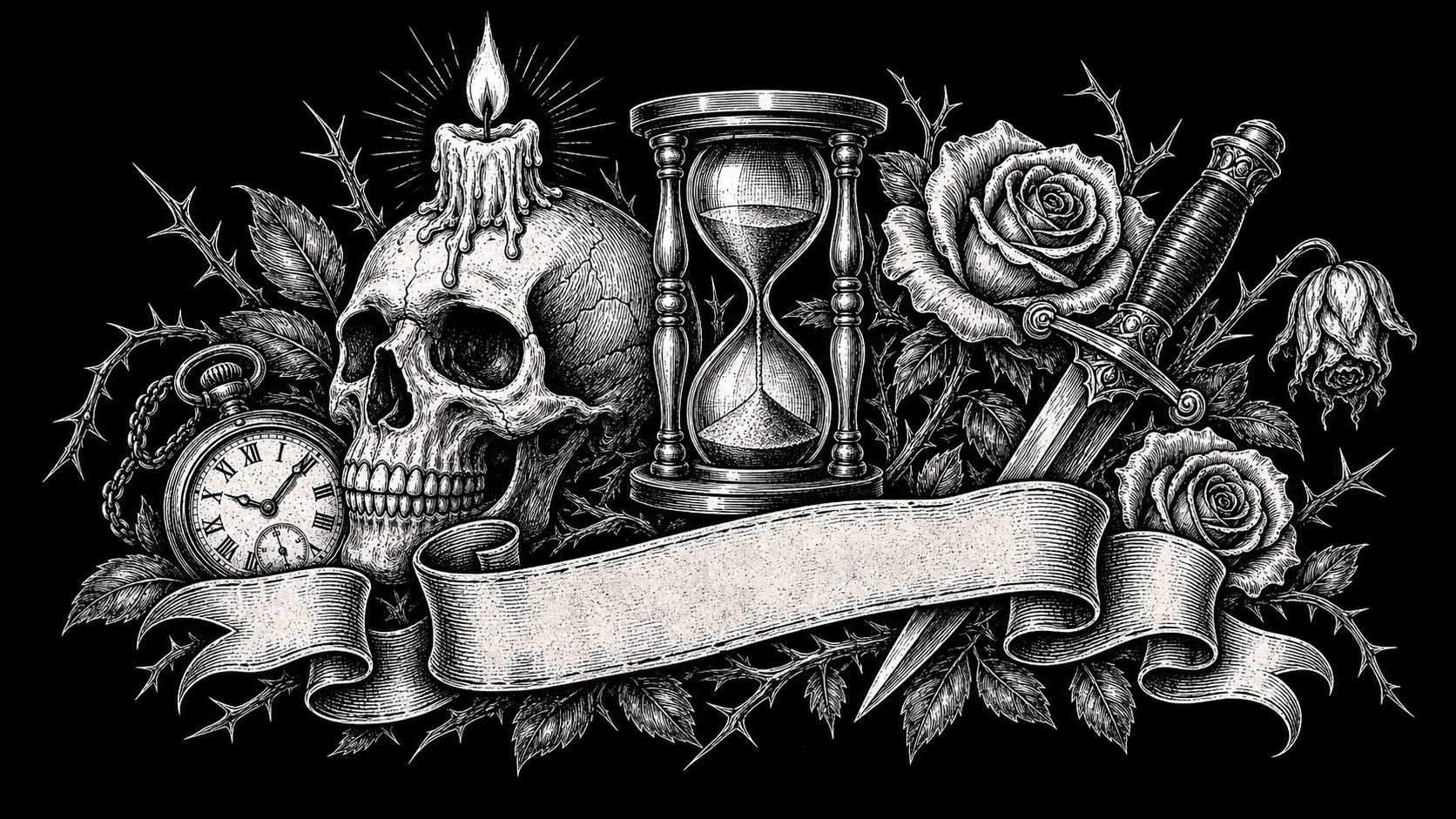 Memento mori tattoo banner with skull, hourglass, candle, rose and dagger.
