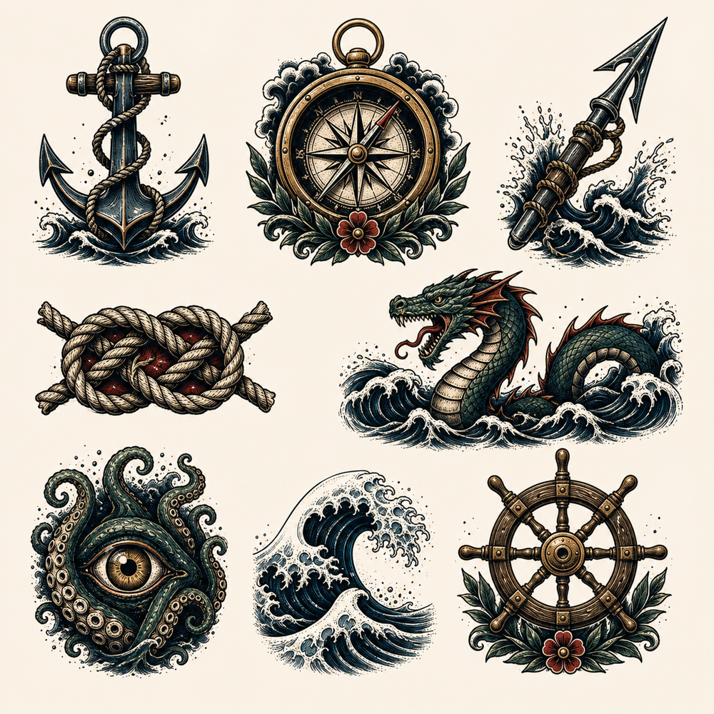 Tattoo flash sheet of nautical symbols including anchor, compass, harpoon, rope, wave and sea serpent.