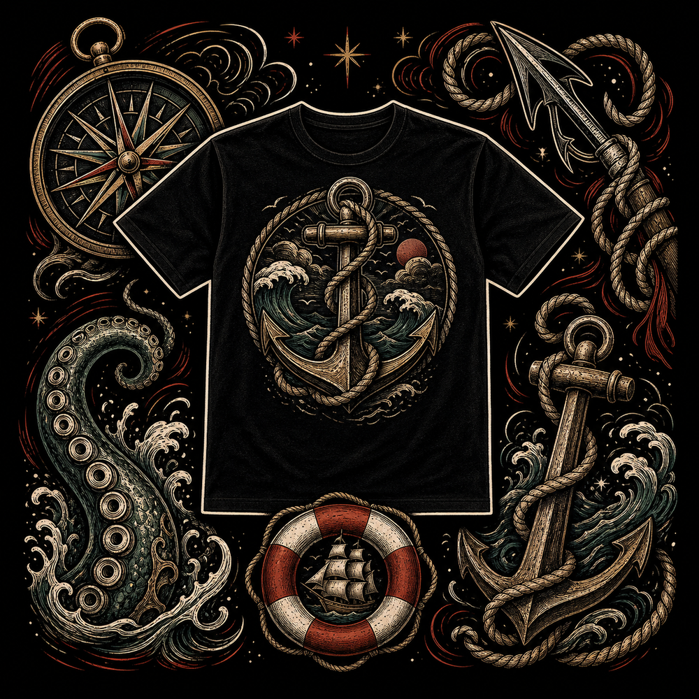 Black nautical graphic T-shirt surrounded by anchor, compass, rope, waves and kraken tentacles.