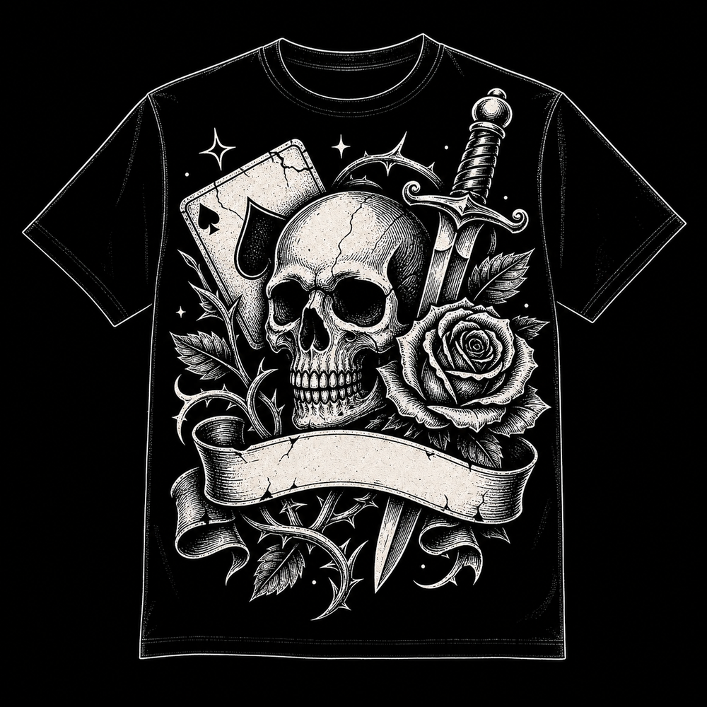 Old-school tattoo flash adapted into a black T-shirt graphic.