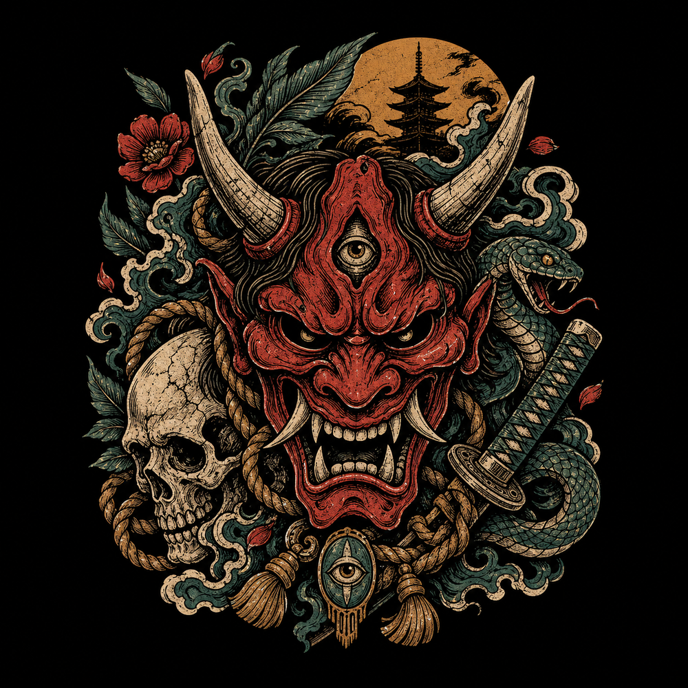 Oni mask graphic tee concept with blackwork Japanese folklore symbols.