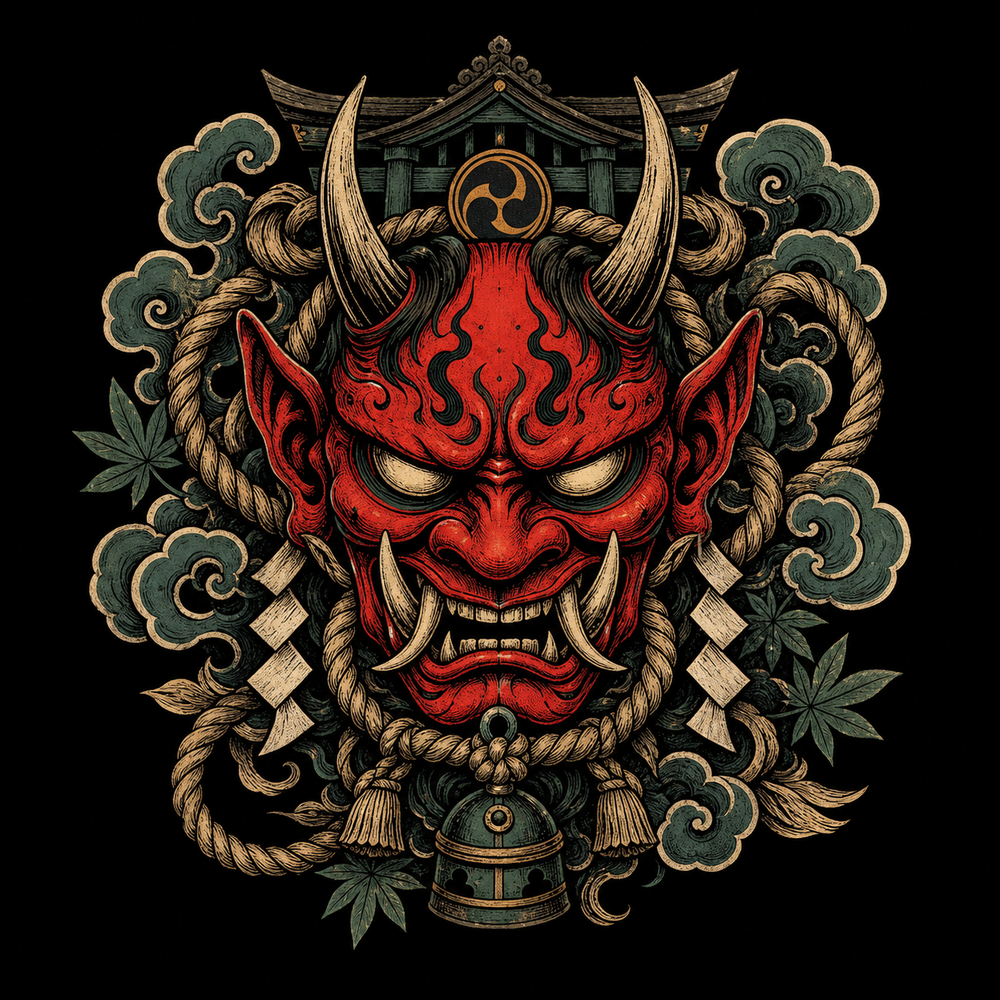 Japanese folklore oni surrounded by clouds, rope and black ink.