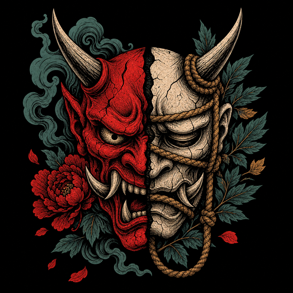 Oni mask split between shadow and restraint in tattoo linework.
