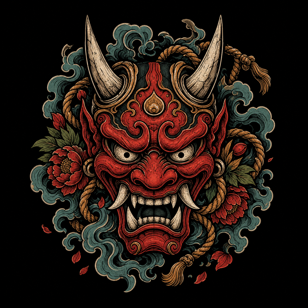 Tattoo flash oni mask with horns, fangs and negative space.