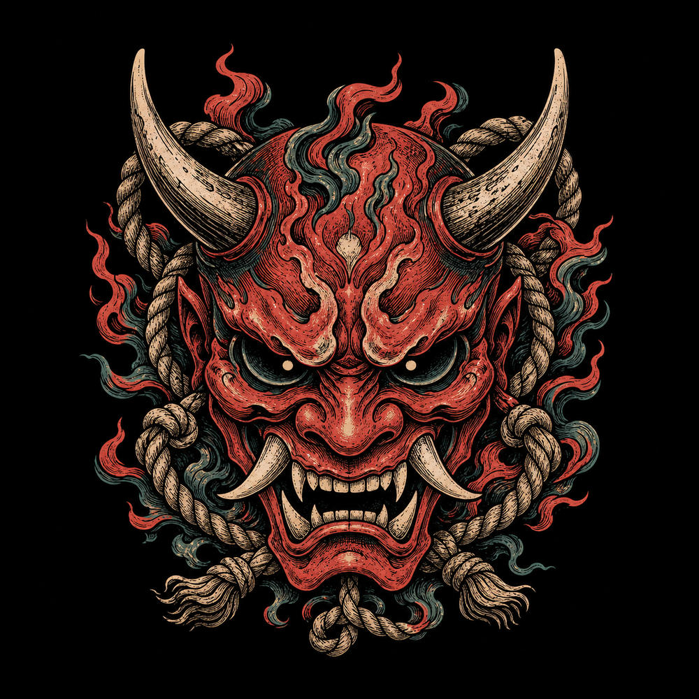 Oni mask tattoo design with horns, fangs and blackwork shadows.