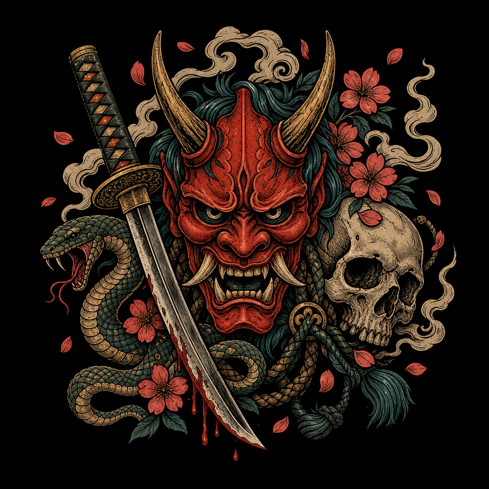 Oni mask with katana, blossom, snake and smoke symbols.