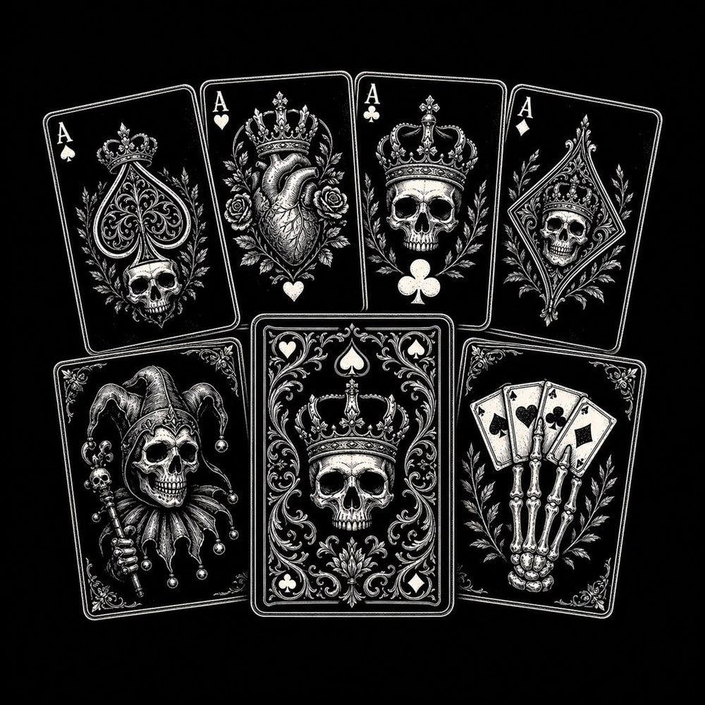 Crown and Bone deck spread showing skull aces and court cards in tattoo-flash style