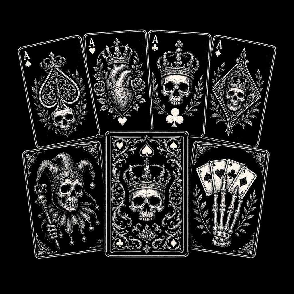 Crown and Bone deck spread showing skull aces and court cards in tattoo-flash style