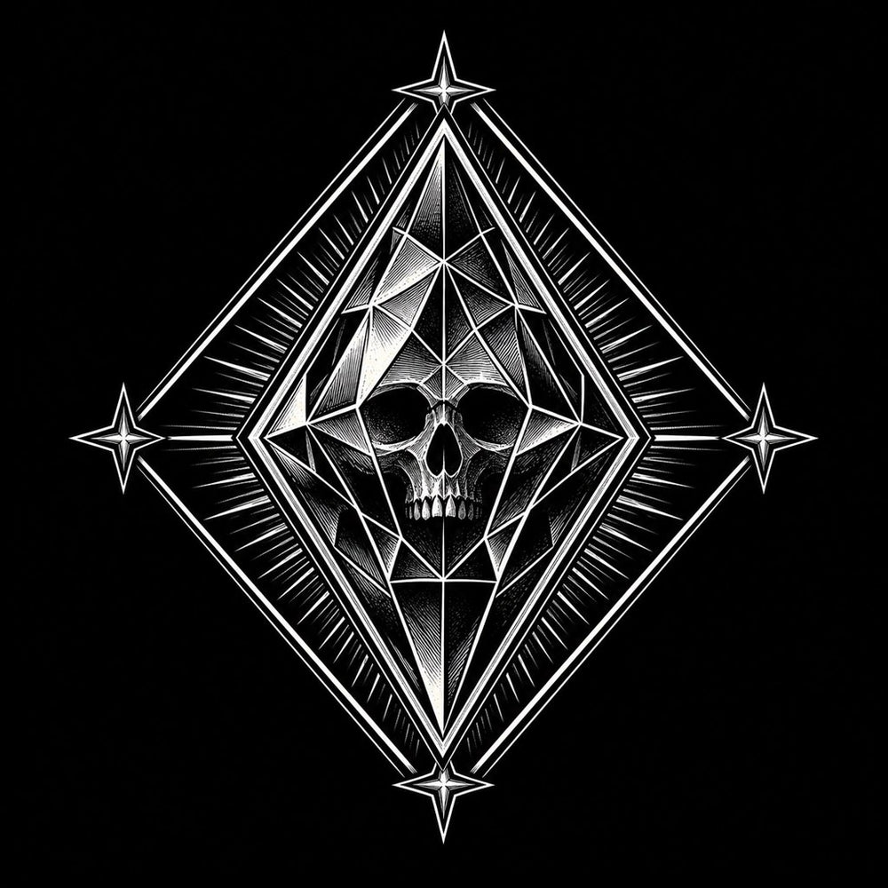 Diamond suit symbol with skull and glittering geometric facets in gothic linework