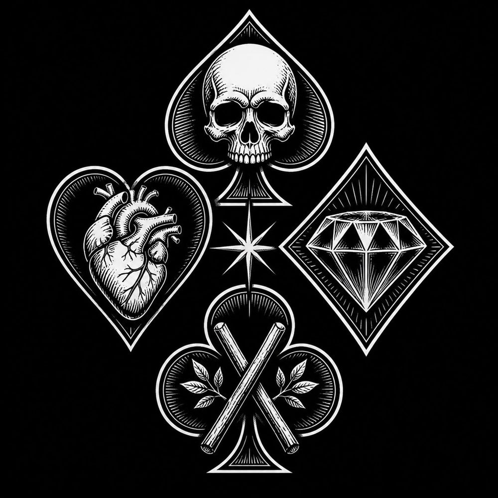 Four playing card suit symbols — spades, hearts, diamonds, clubs — in bold tattoo-flash composition