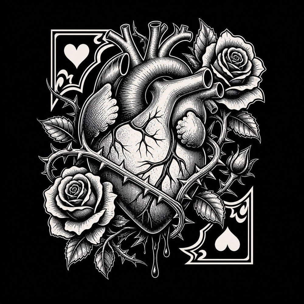 Anatomical heart with roses and thorns representing the heart suit in dark tattoo style