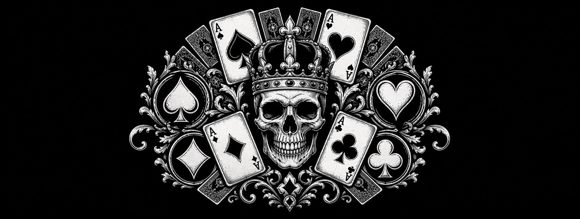Four playing card suits arranged with skull, smoke, and tattoo-flash linework on black