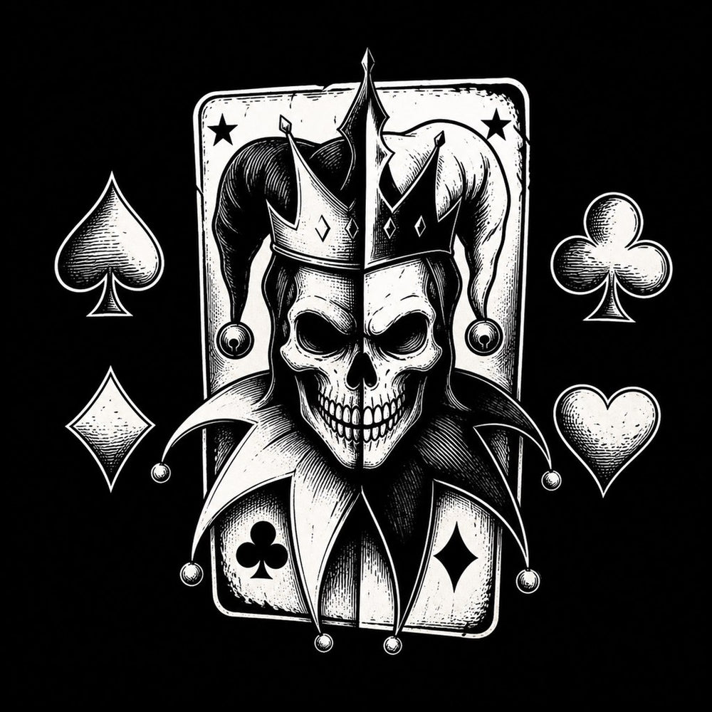 Joker card with jester skull and trickster iconography outside the four-suit system