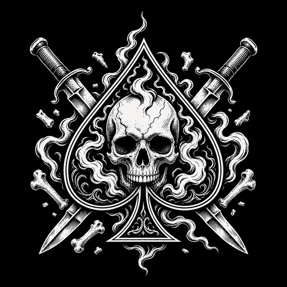 Spade suit symbol with skull and shadow elements in bold tattoo-flash blackwork