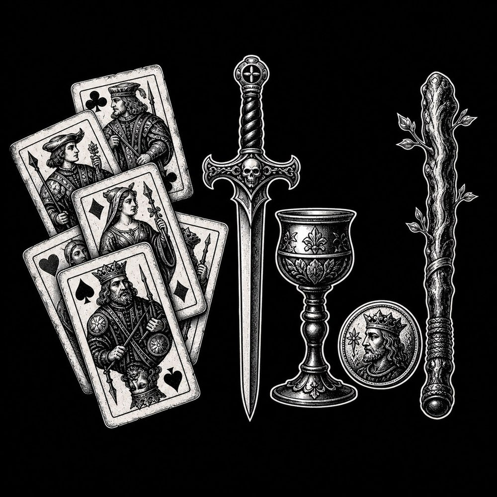 Older European card symbols — swords, cups, coins, batons — in vintage woodcut tattoo style