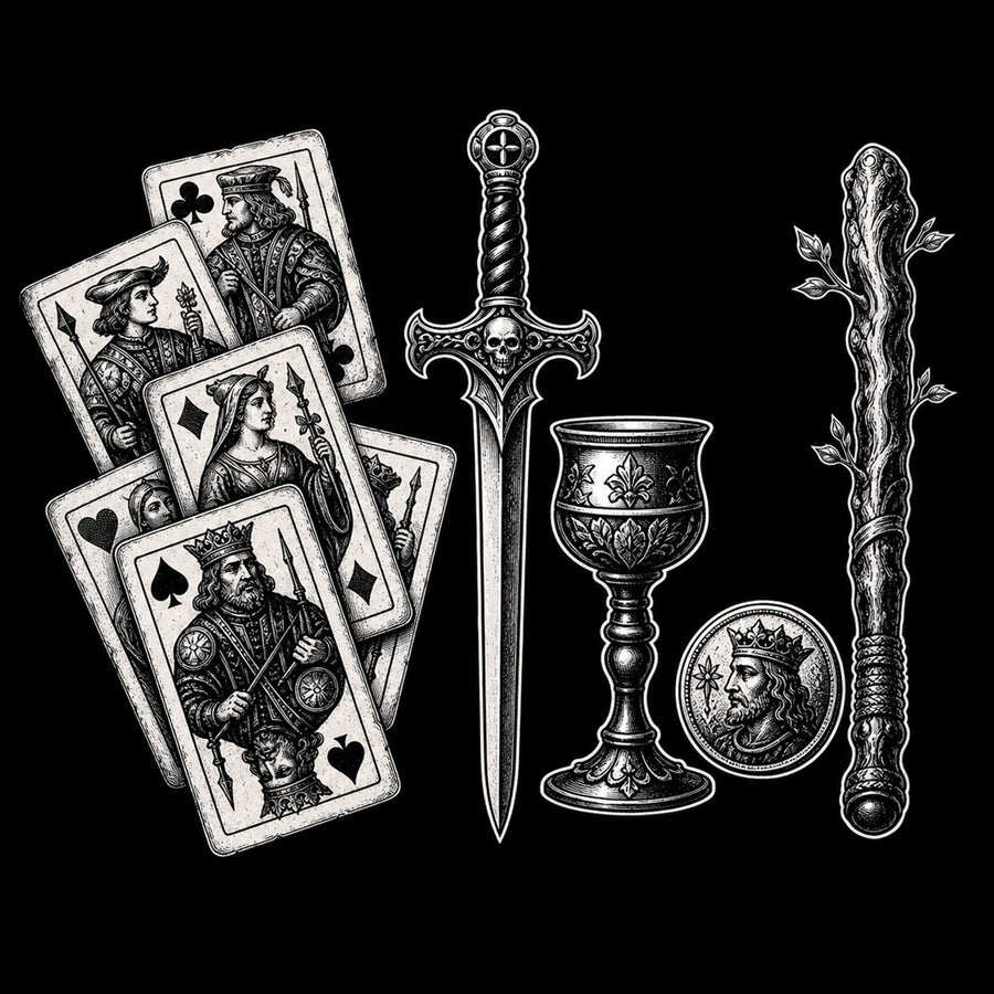 Older European card symbols — swords, cups, coins, batons — in vintage woodcut tattoo style