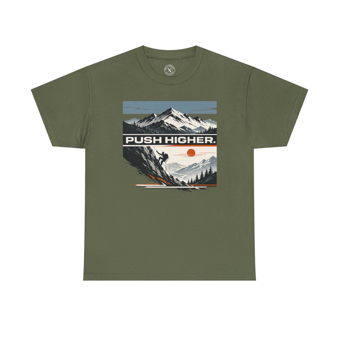 Ink & Thread UK olive green Push Higher t-shirt with mountain climber graphic print