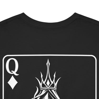 Black t-shirt back view with Queen of Diamonds playing card design featuring ornate crown illustration on white background