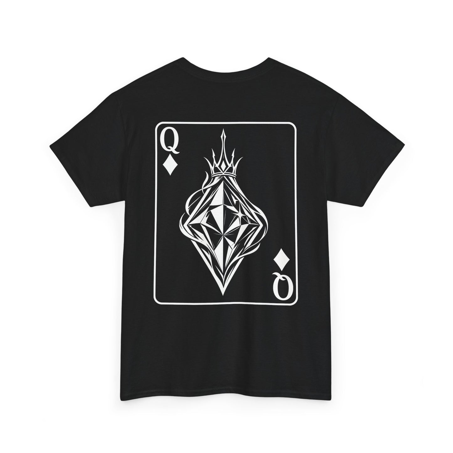 Black t-shirt front view with Queen of Diamonds playing card design featuring crowned geometric diamond illustration on white background