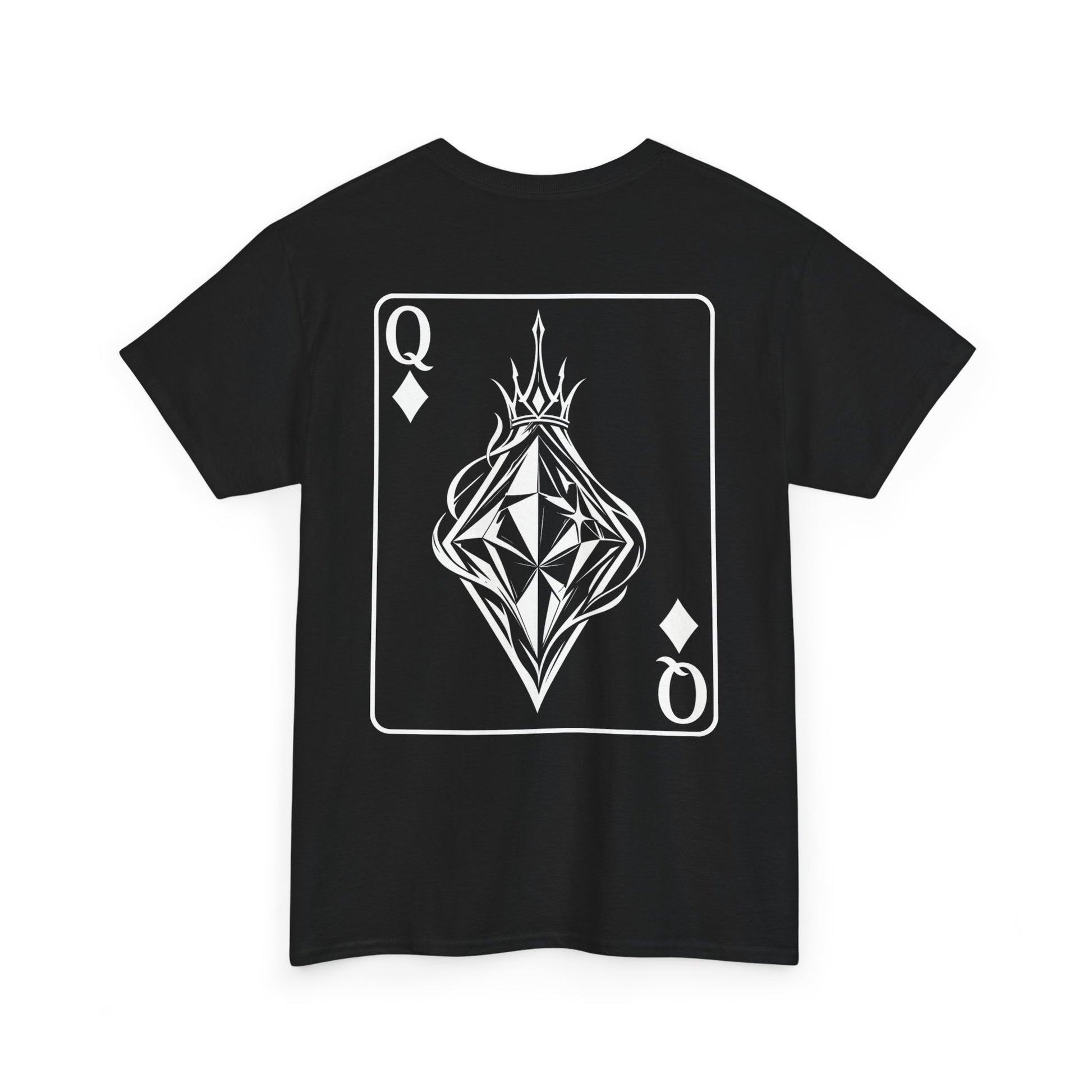 Black t-shirt front view with Queen of Diamonds playing card design featuring crowned geometric diamond illustration on white background
