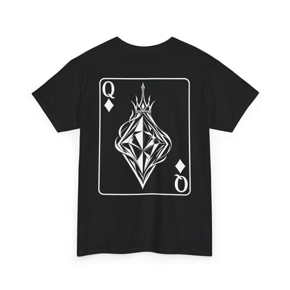 Black t-shirt front view with Queen of Diamonds playing card design featuring crowned geometric diamond illustration on white background