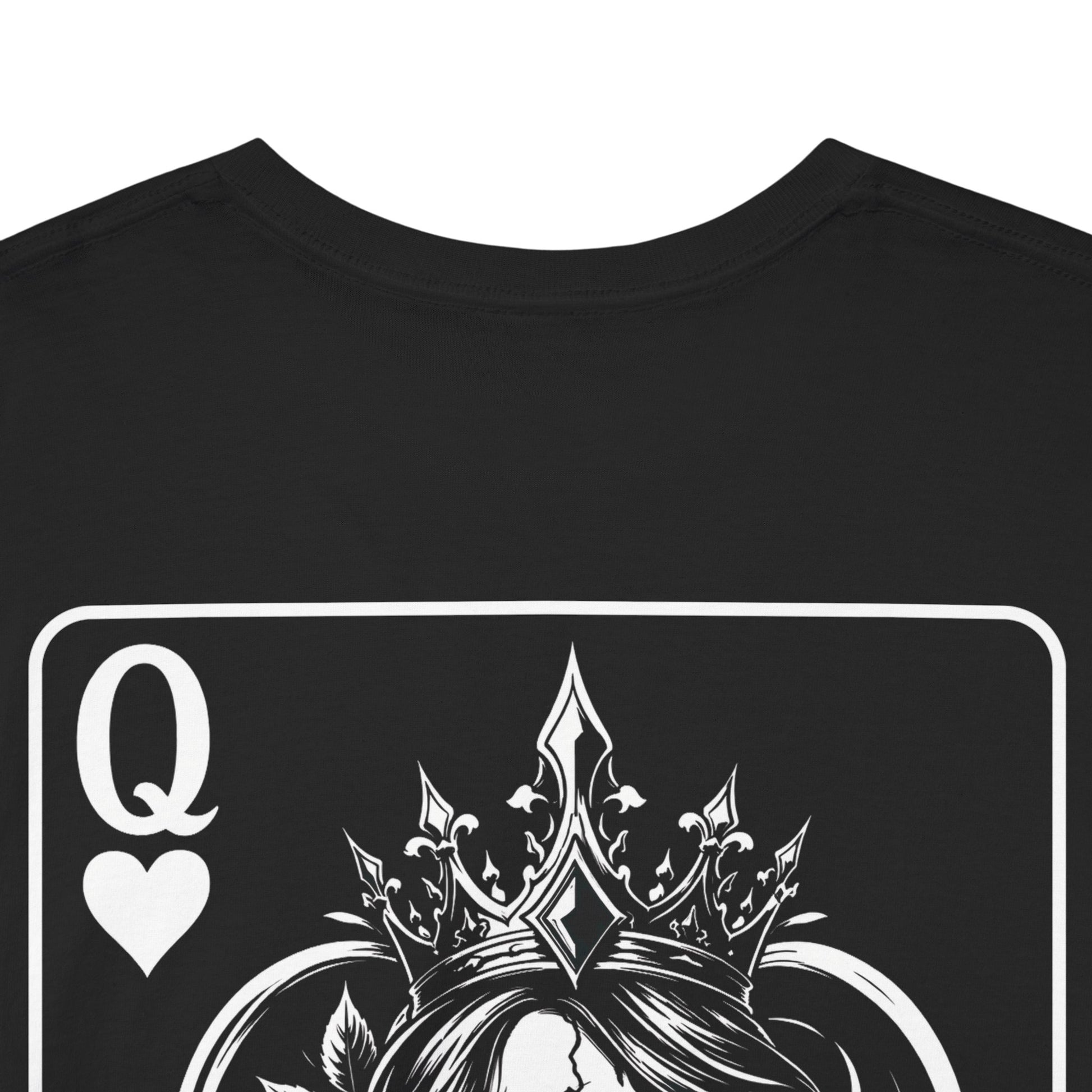Black t-shirt back view with Queen of Hearts playing card design featuring crowned woman silhouette illustration on white background