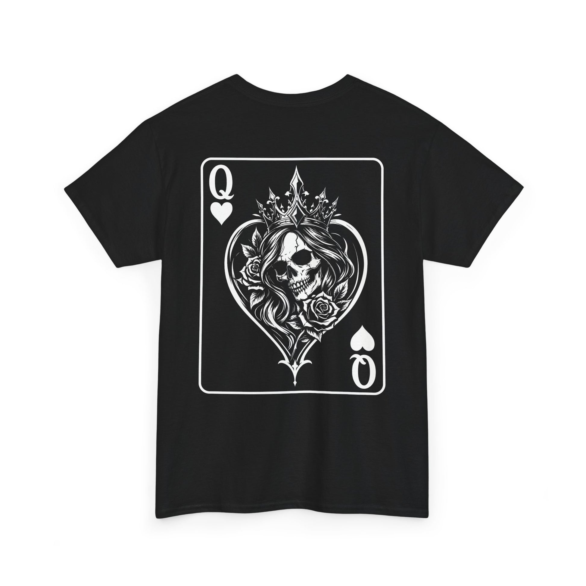 Black t-shirt front view with Queen of Hearts playing card design featuring crowned skull with roses illustration on white background