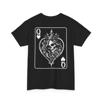 Black t-shirt front view with Queen of Hearts playing card design featuring crowned skull with roses illustration on white background