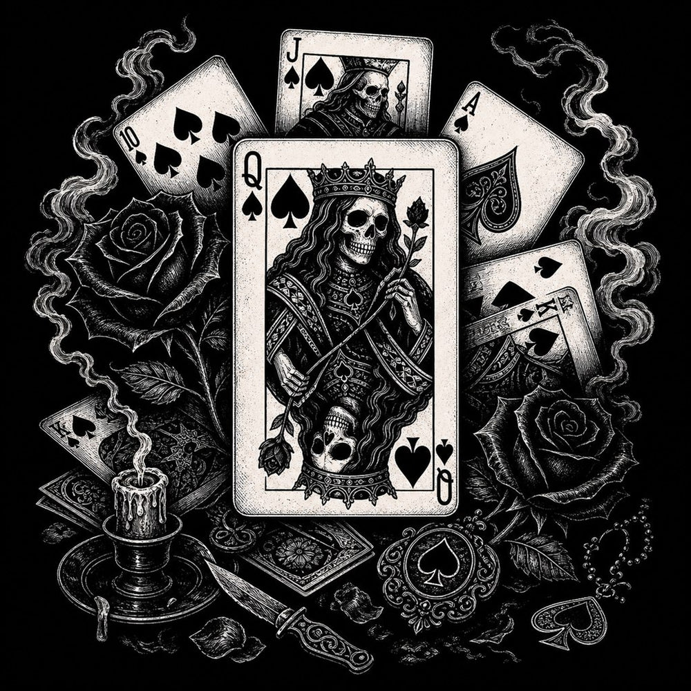 Cartomancy illustration for the Queen of Spades meaning article, Ink & Thread
