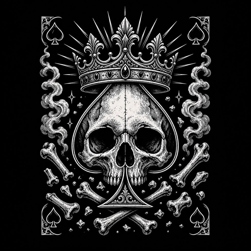 Crown Skull illustration for the Queen of Spades meaning article, Ink & Thread