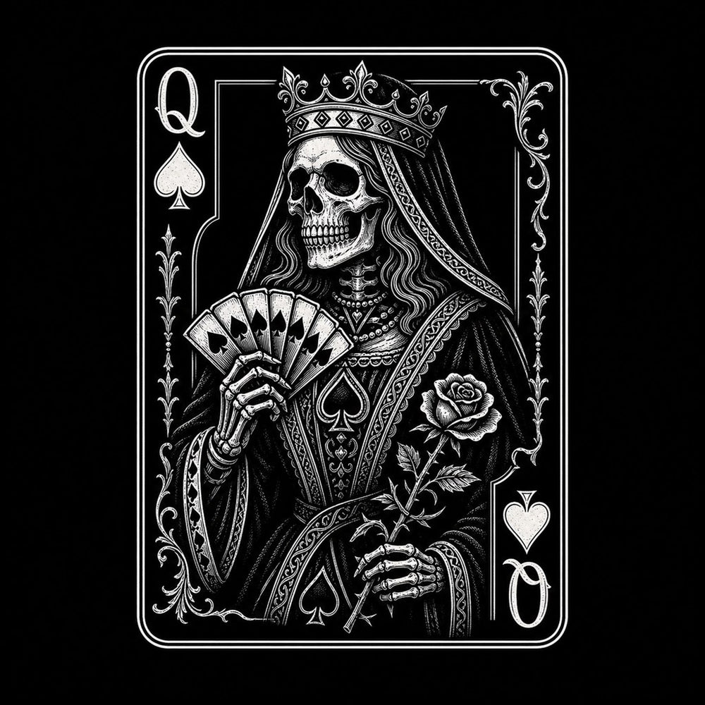 Skeletal Monarch illustration for the Queen of Spades meaning article, Ink & Thread