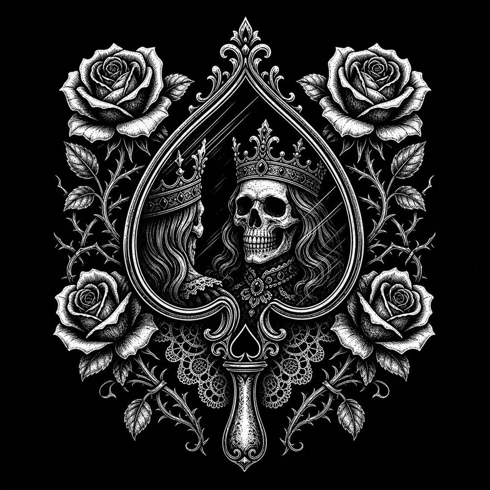 Spade Mirror illustration for the Queen of Spades meaning article, Ink & Thread