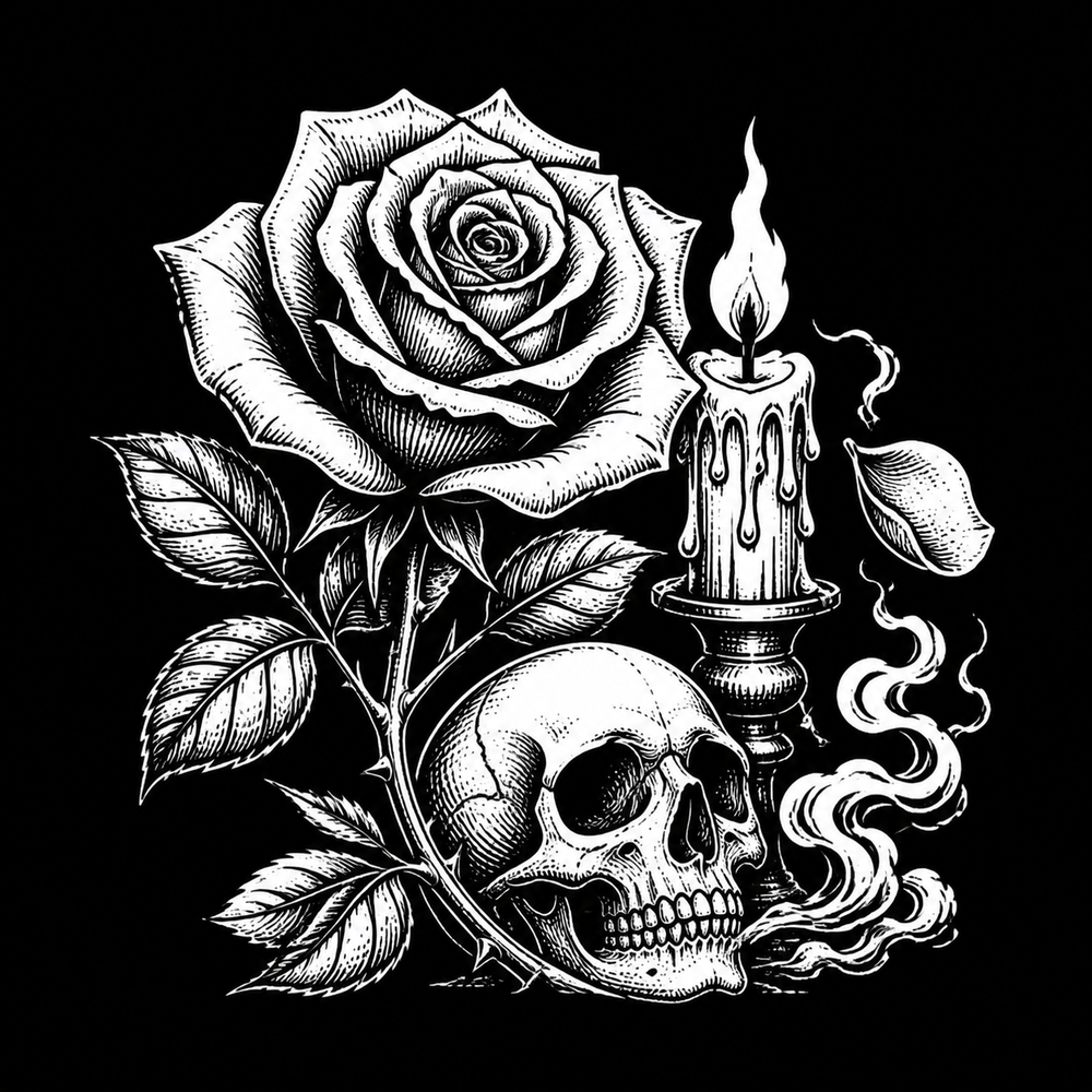 Rose with candle and skull showing love and death symbolism.