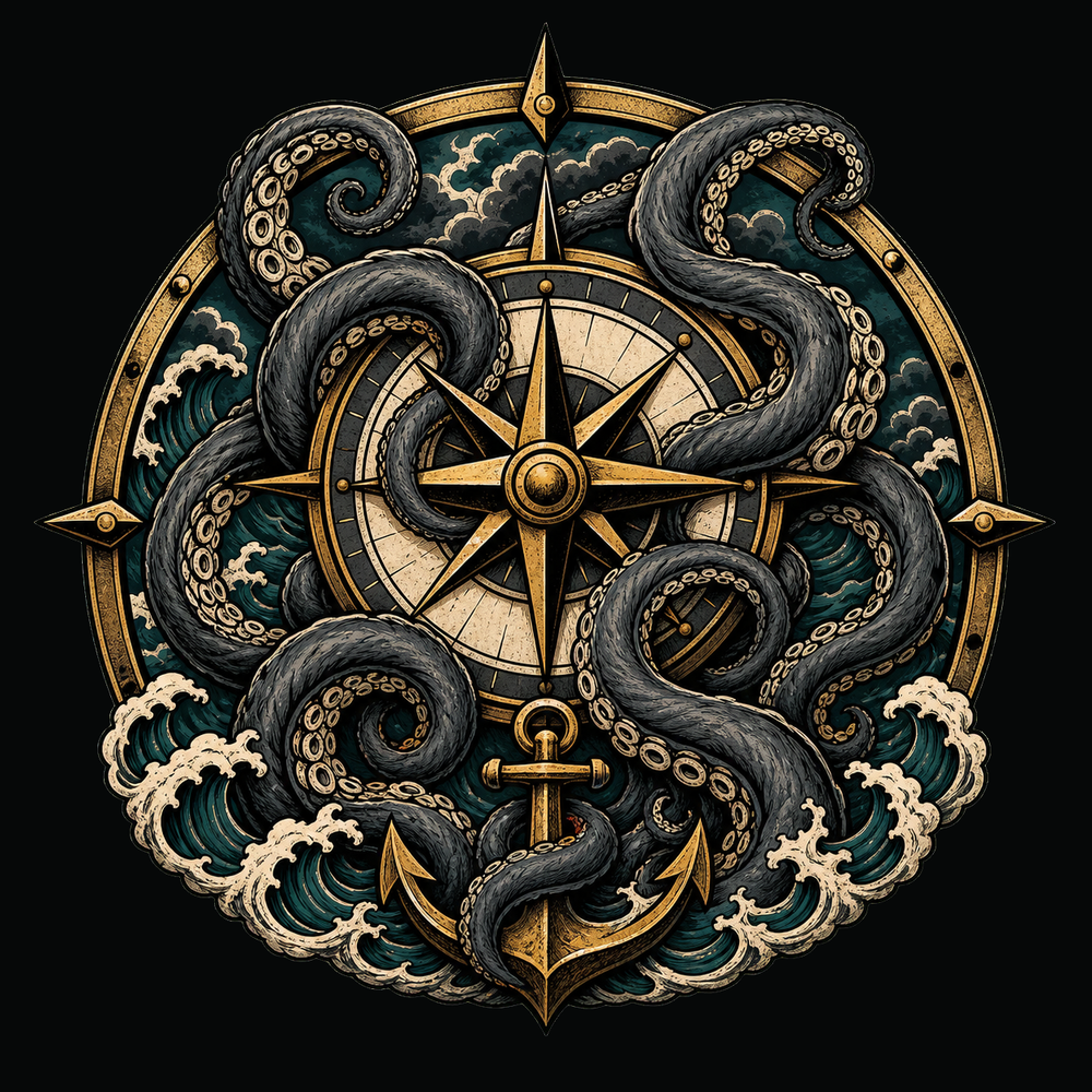 Sailor symbol T-shirt design with anchor, swallow, ship and sea monster.
