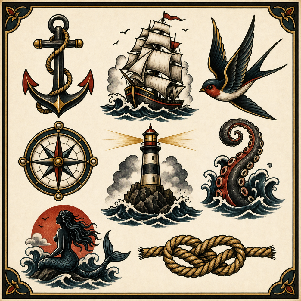 Sailor tattoo symbols including anchor, ship, swallow, compass and sea monster.
