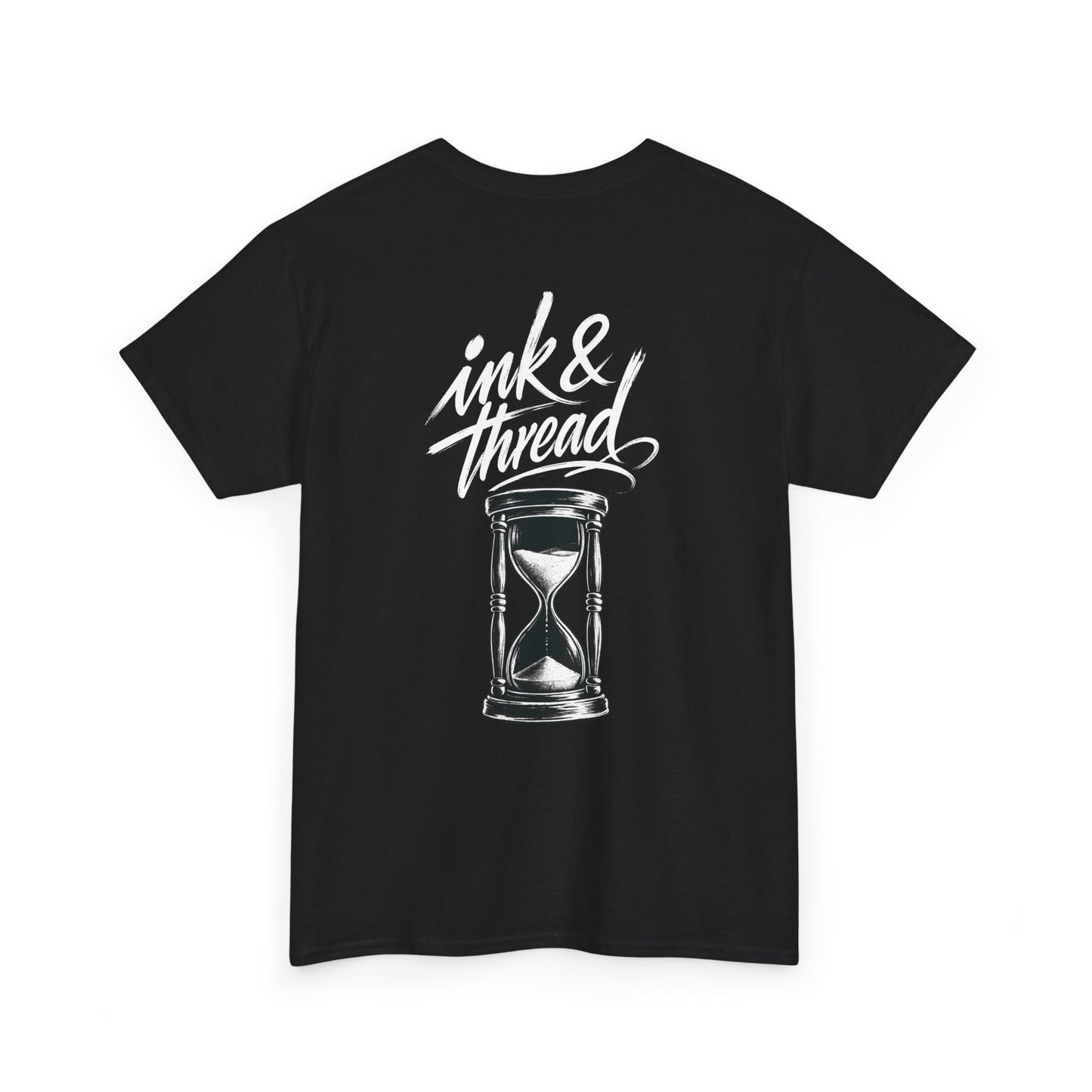 Black t-shirt front view with Ink and Thread script calligraphy logo and hourglass illustration on white background