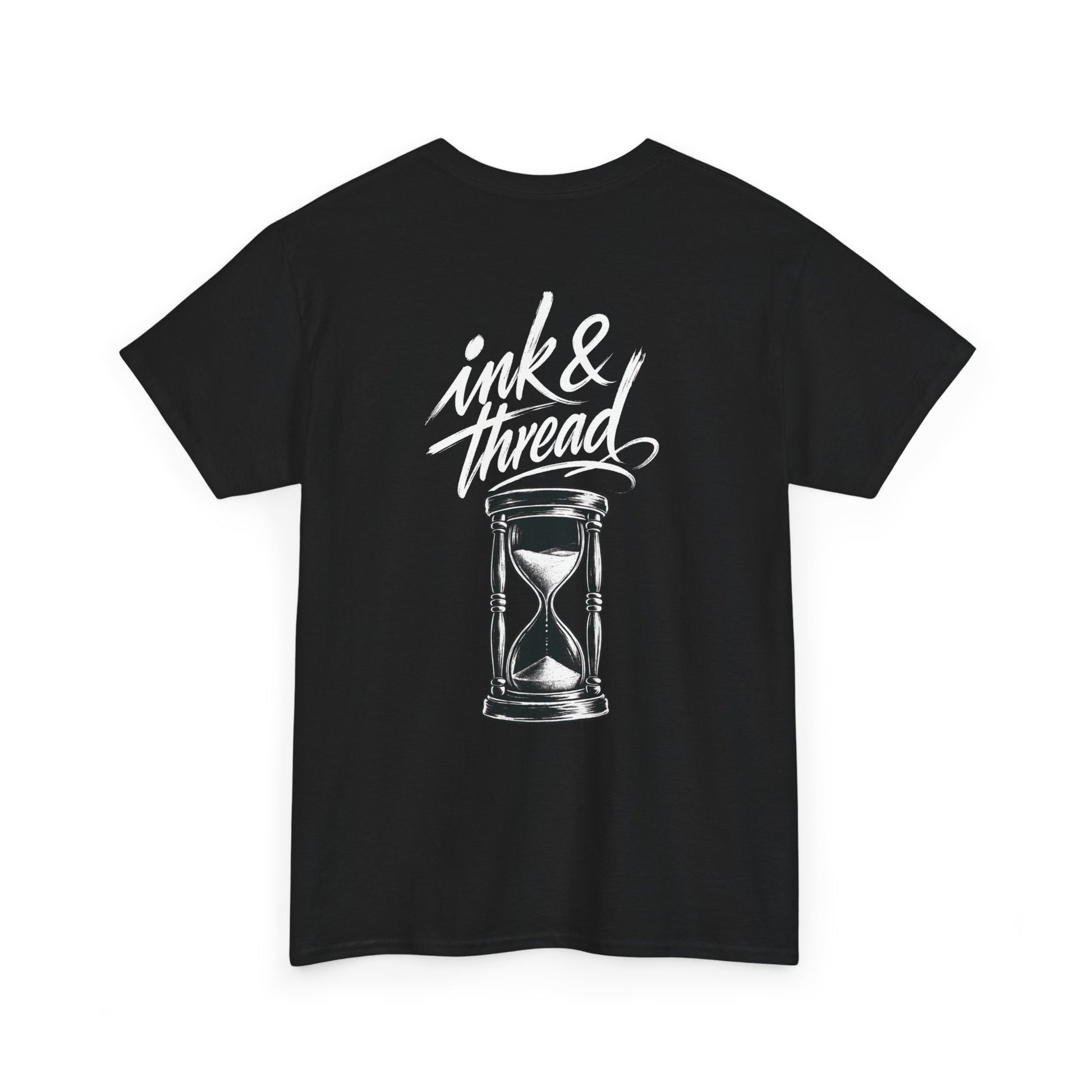 Black t-shirt front view with Ink and Thread script calligraphy logo and hourglass illustration on white background