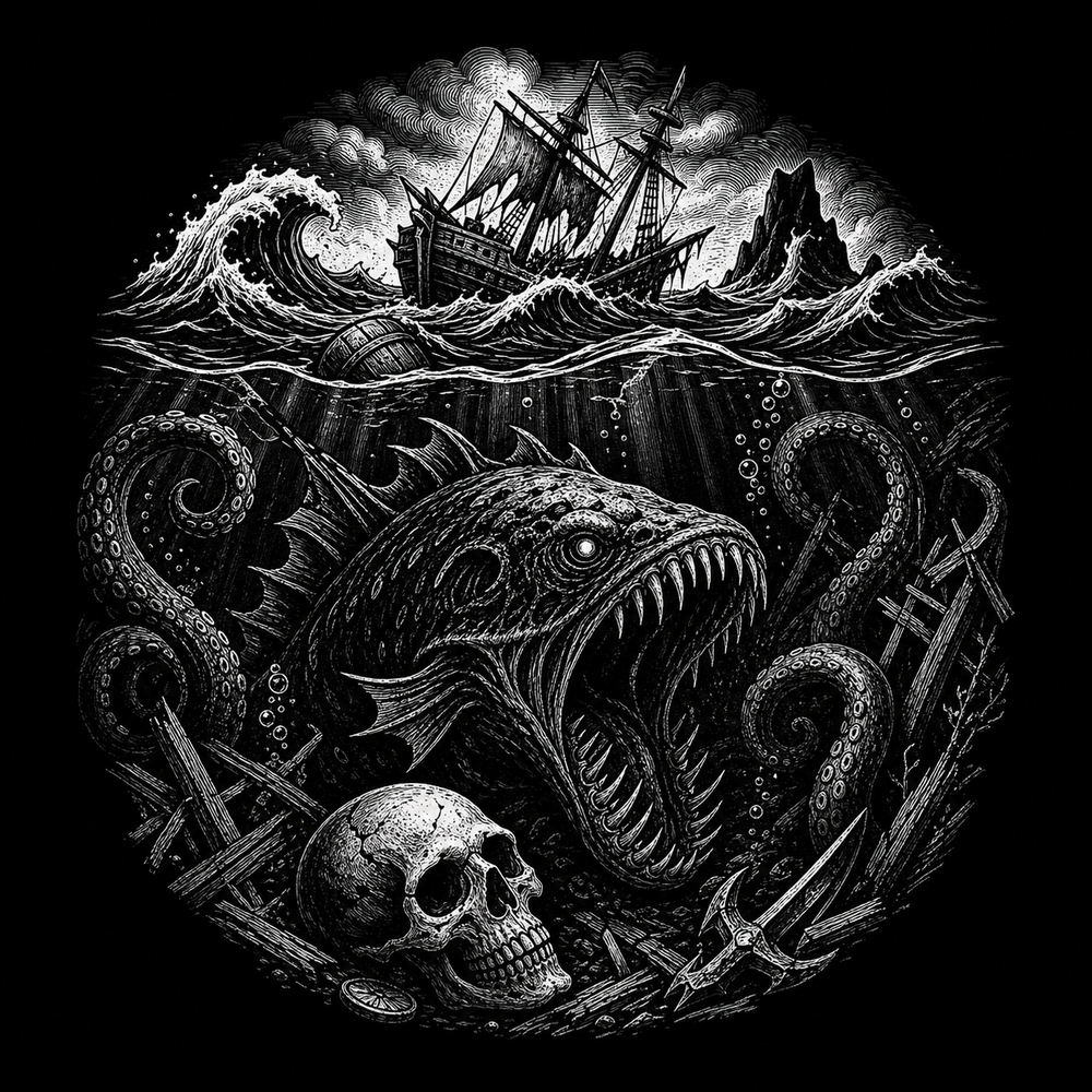 Sea monster tattoo symbol with waves, skull and deep water.