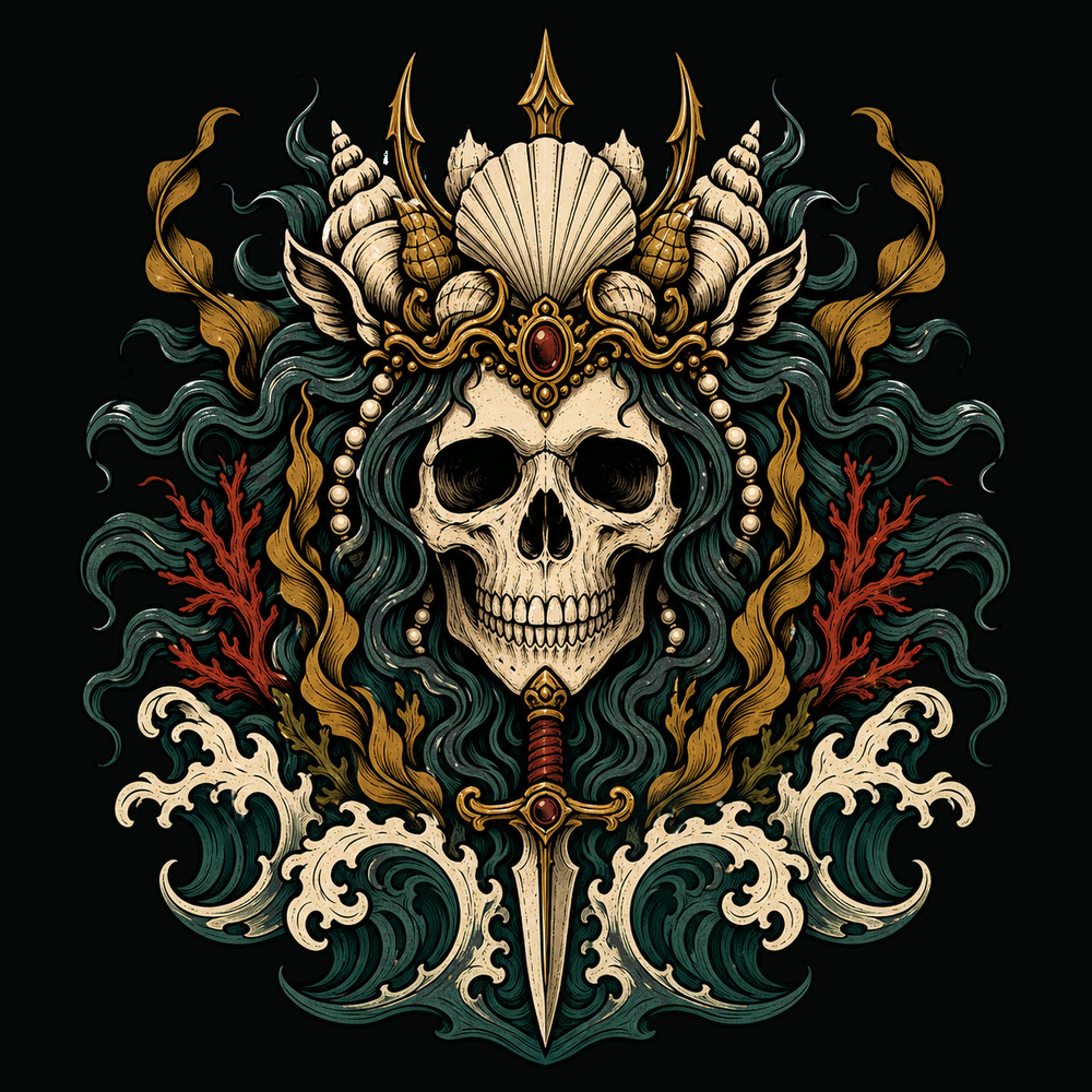 Sea myth tattoo symbols with siren, kraken, leviathan and shipwreck.